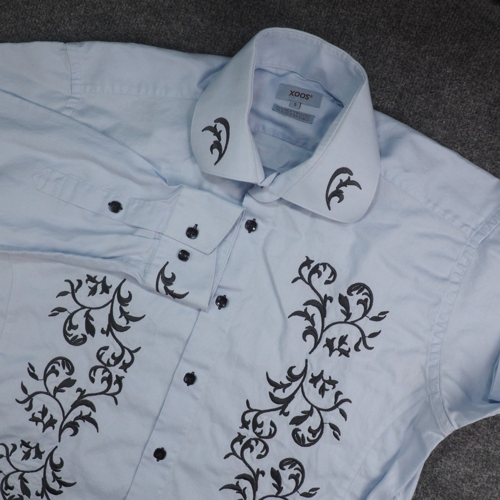XOOS Button Down Shirt Mens XL Blue Floral Scroll Embroidered Rockabilly Western